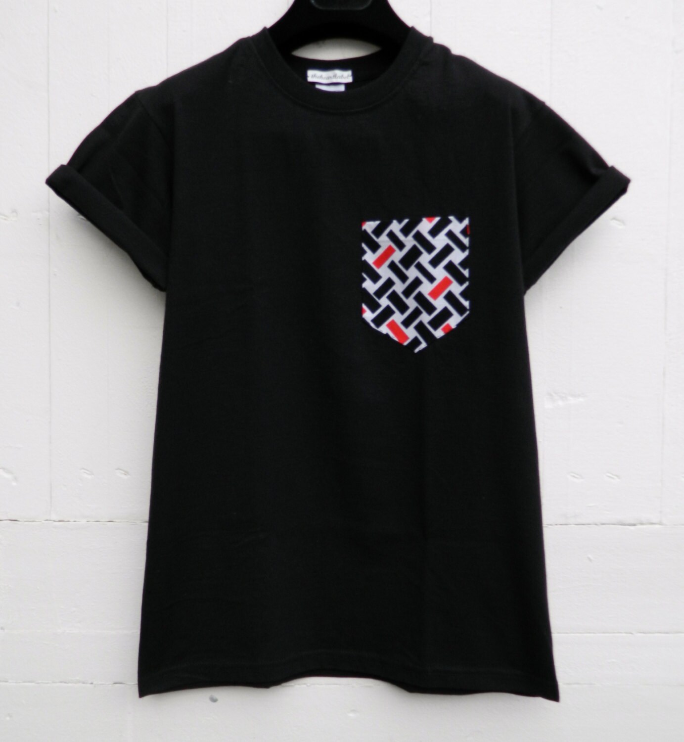 Image of Geometric Pattern Pocket T-Shirt, Black Men's T- Shirt, Tee, Unisex Menswear, Uk, Custom Made T - Shirt
