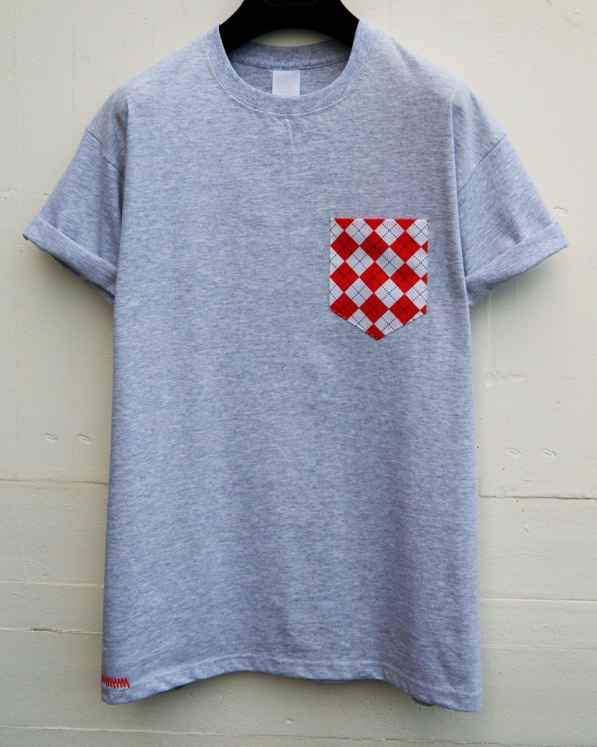 Image of Men's Red & White Argyle Pattern, Grey Pocket T-Shirt, T - Shirt, Tee, Unisex, Menswear, Uk