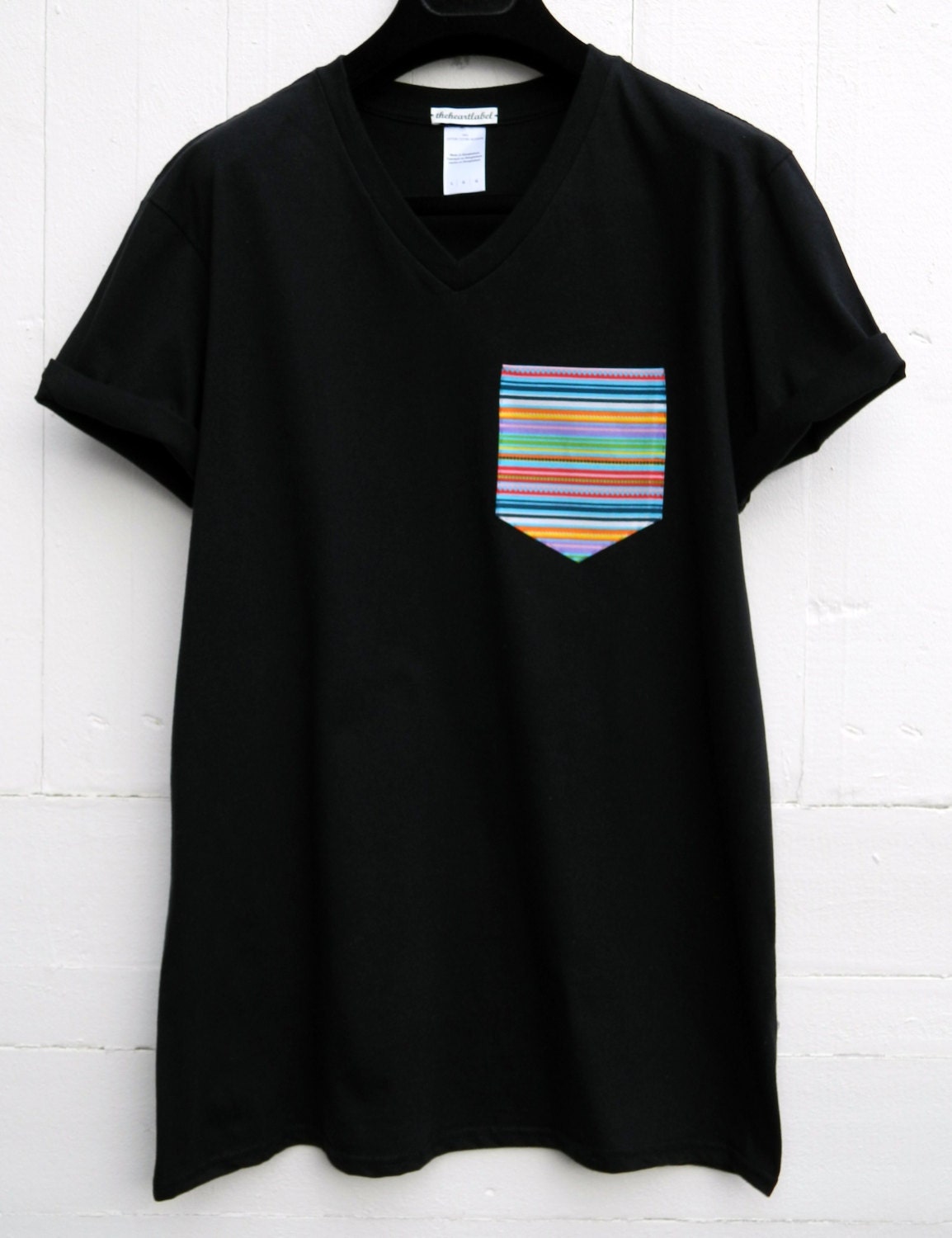 Image of Men's V-Neck, Rainbow Pattern Pocket Tee, Black T-Shirt, T - Shirt, Tee, Unisex, Menswear, Uk