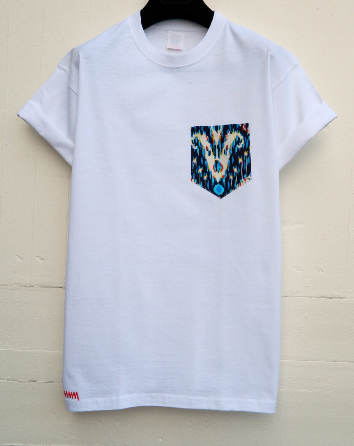 Image of Men's Red, Blue & Cream Aztec Pattern, White Pocket T-Shirt, T - Shirt, Tee, Unisex, Menswear, Uk