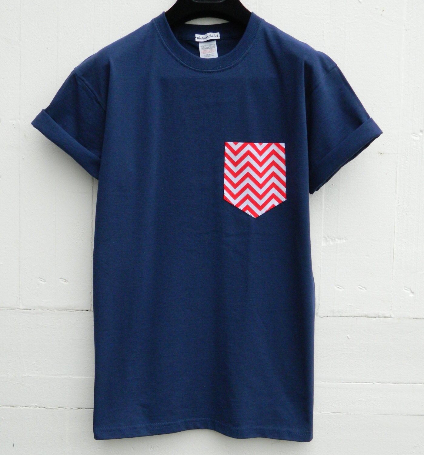 Image of Men's Red & White Chevron Pattern, Navy Pocket T-Shirt, T - Shirt, Tee, Unisex, Menswear, Uk
