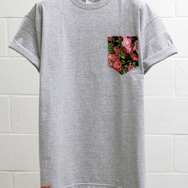 Pocket Tee, Men's Pink Cerisse Floral Pattern Grey Pocket T-Shirt, Men's T- Shirt, Unisex T-Shirt,  Menswear, UK