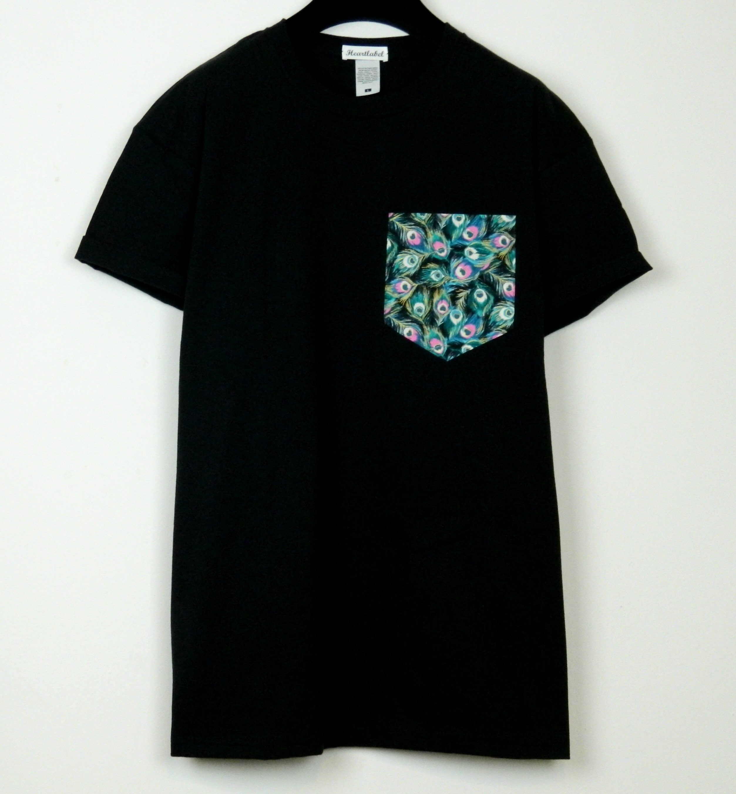 Image of Pocket Tee, Peacock Feather's Design, Black T-Shirt, Men's T - Shirt, Unisex, Menswear, Uk