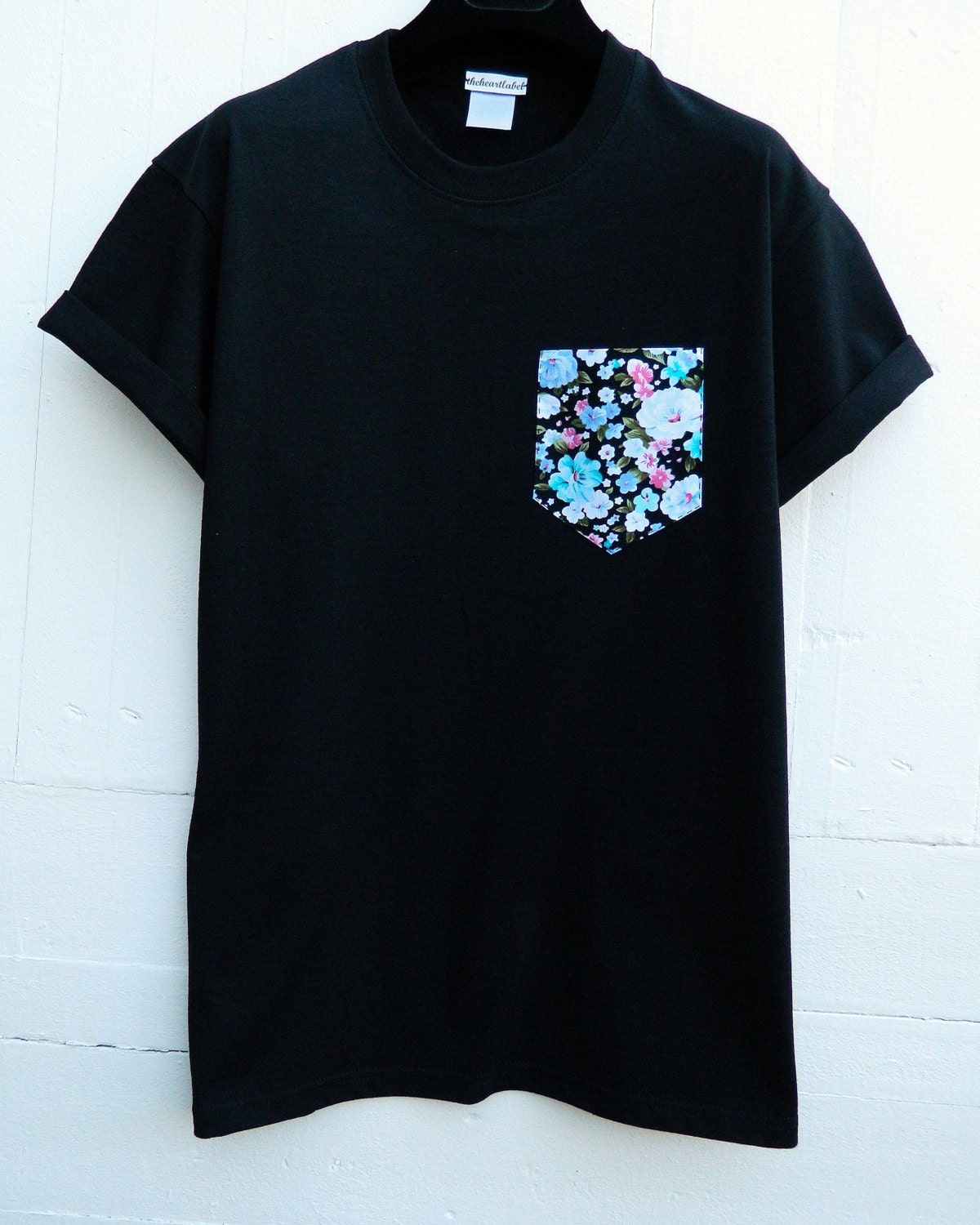 Image of Men's White, Blue Multi Floral Pattern, Black Pocket T-Shirt, T - Shirt, Tee, Unisex, Menswear, Uk, Custom Made