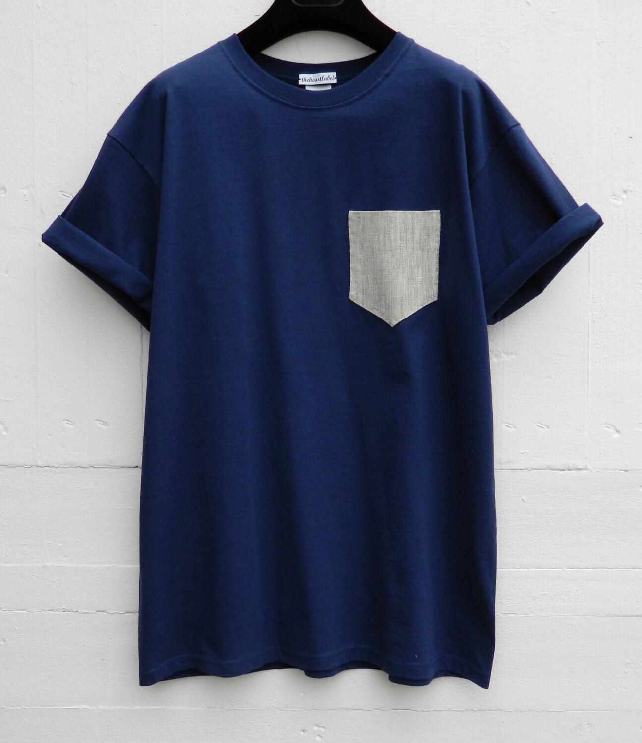 Image of Men's Natural Linen Pattern, Navy Blue Pocket T-Shirt, T- Shirt, Tee, Unisex, Menswear, Uk, Custom Made T - Shirt