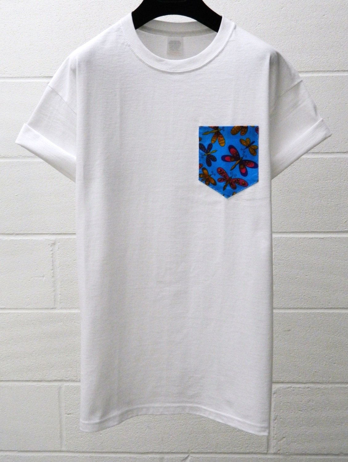 Image of Men's Dragonfly Pattern White Pocket T-Shirt, T - Shirt, Tee, Unisex, Menswear, Uk, Custom Made