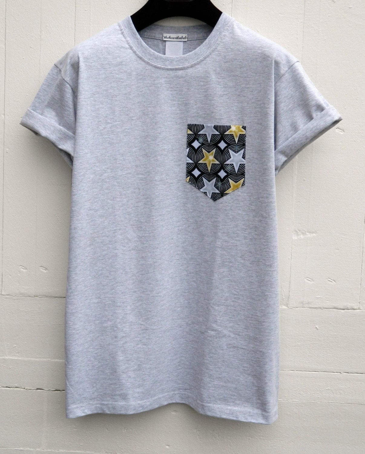Image of Pocket T - Shirt, Hollywood Stars Pattern, Grey T-Shirt, Men's Tee, Unisex, Menswear, Uk