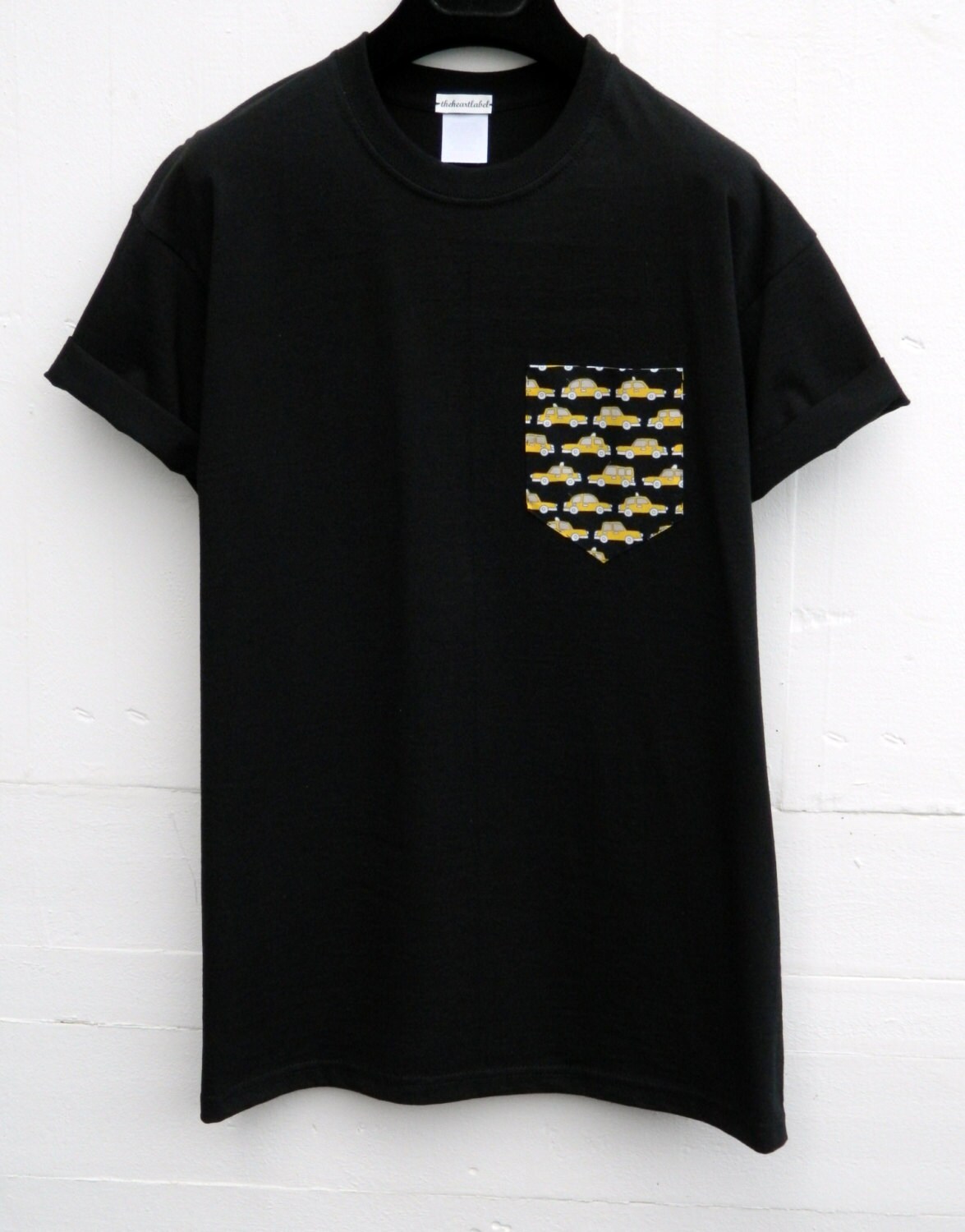 Image of Men'syellow Uptown Cars Pattern, Black Pocket T-Shirt, Men's T - Shirt, Tee, Unisex, Menswear, Uk, Custom Made