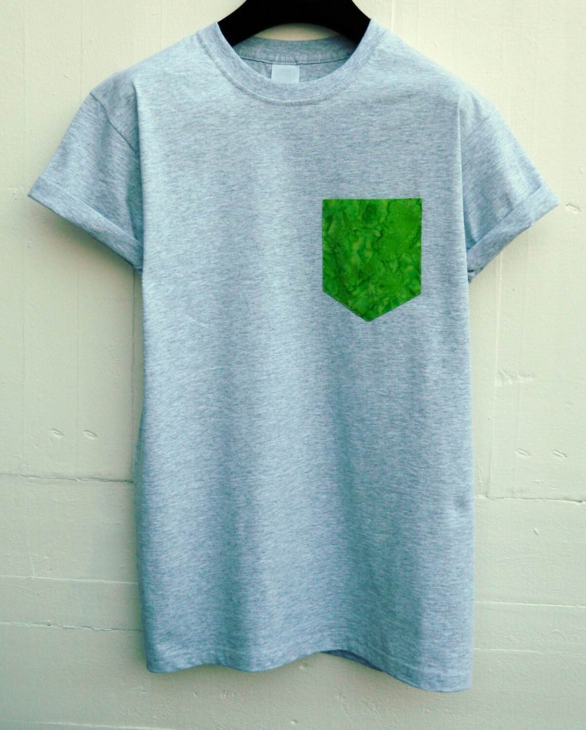Image of Men's Lime Green Batik Pattern, Grey Pocket T-Shirt, T - Shirt, Tee, Unisex, Menswear, Uk