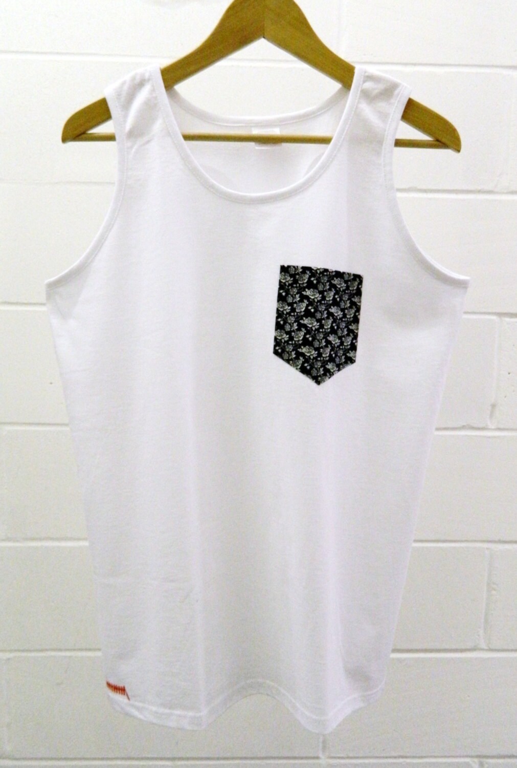Image of Men's White & Navy Floral Design Pocket Tank Top, T - Shirt, Tee, Unisex, Menswear, Uk