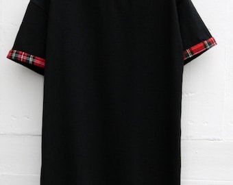 Sleeves Pattern T-Shirts, Men's Red Tartan Sleeves Pattern, Black T-Shirt, Men's T- Shirt, Unisex, Menswear, UK