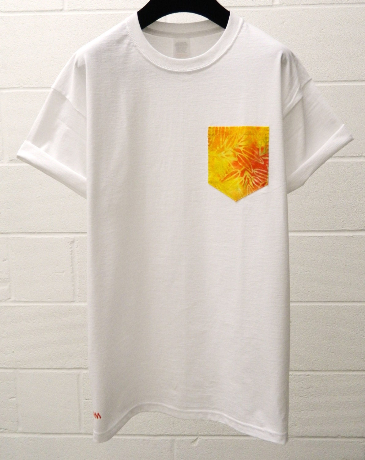 Image of Men's Bright Yellow & Orange Batik Pattern White Pocket T-Shirt, T - Shirt, Tee, Unisex, Menswear, Uk