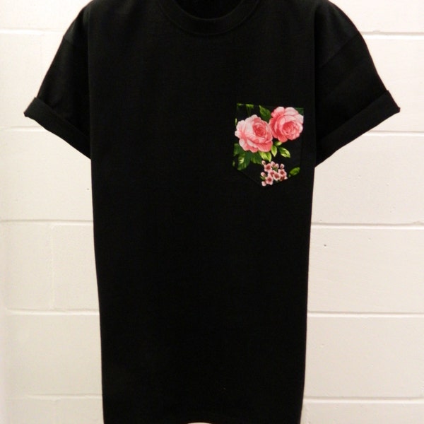 Men's Black and Pink Roses Floral Pattern Black Pocket T-Shirt, Men's T- Shirt, Pocket tee, Unisex, Menswear, UK