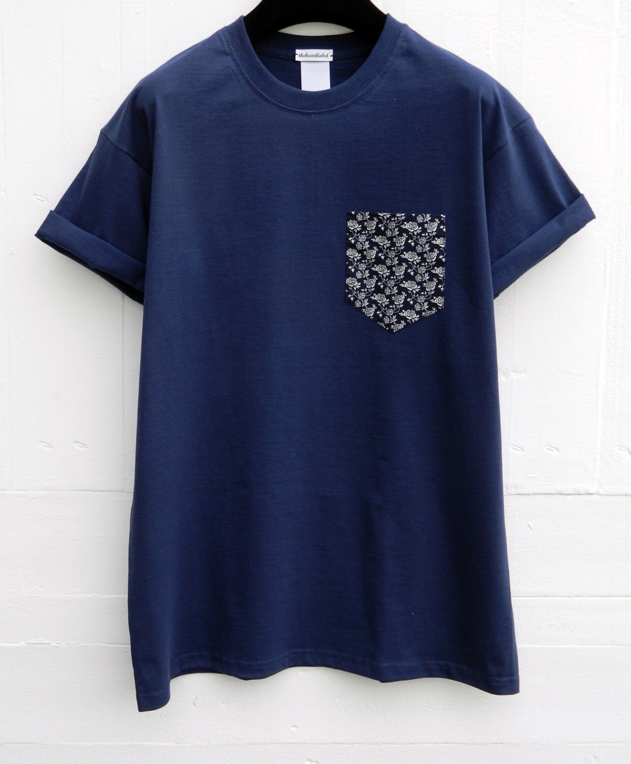 Image of Men's Navy & White Floral Pattern, Blue Pocket T-Shirt, T- Shirt, Tee, Unisex, Menswear, Uk, Custom Made T - Shirt