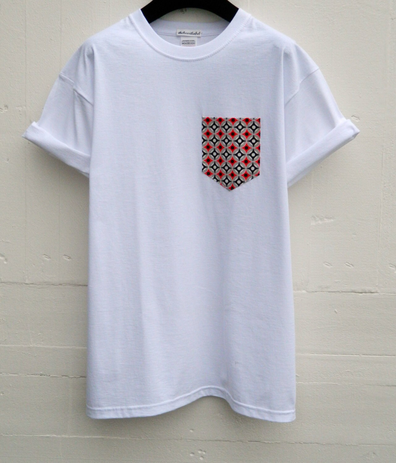 Image of Men's Coral & Black Geometric Pattern White Pocket T-Shirt, T - Shirt, Tee, Unisex, Menswear, Uk