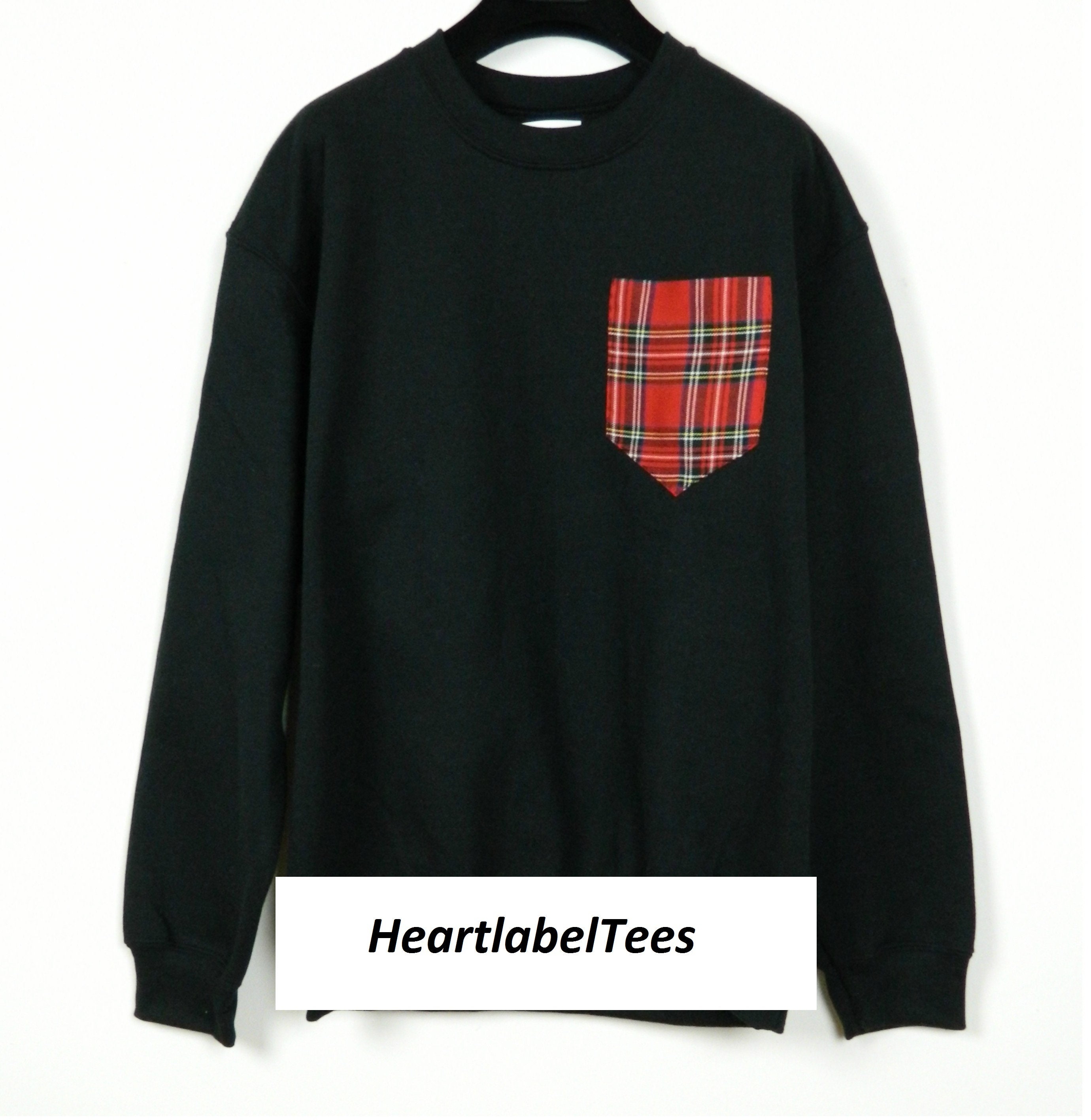 Image of Men's Red Tartan Pattern Black Sweat Shirt, Sweatshirt, Unisex Menswear, Uk, Pocket Gifts For Men
