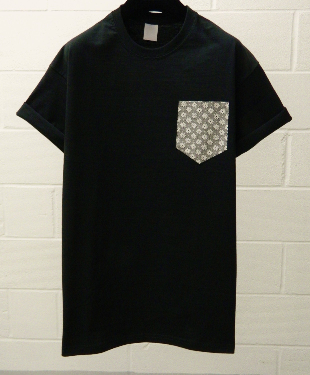 Image of Men's Black & White Daisy On Pattern, Grey Pocket T-Shirt, T - Shirt, Tee, Unisex, Menswear, Uk, Custom Made