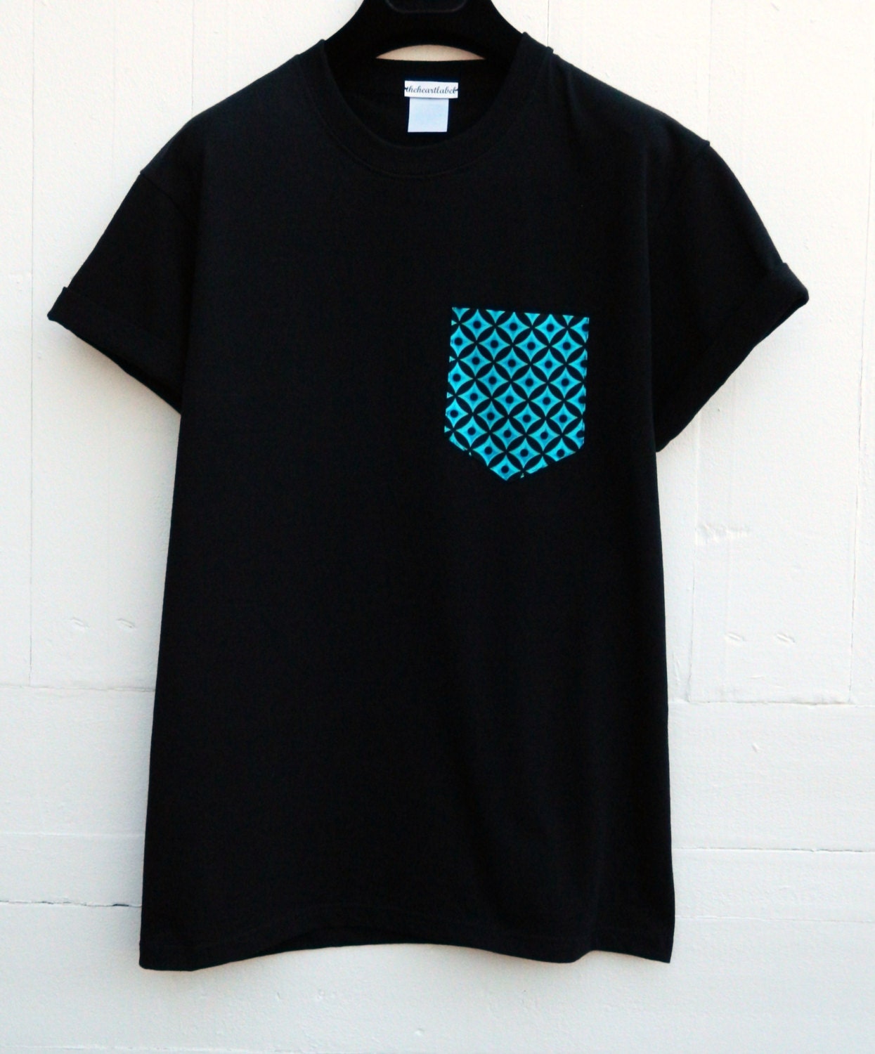 Image of Men's Turquoise & Black Geometric Pattern, Pocket T-Shirt, T - Shirt, Tee, Unisex, Menswear, Uk