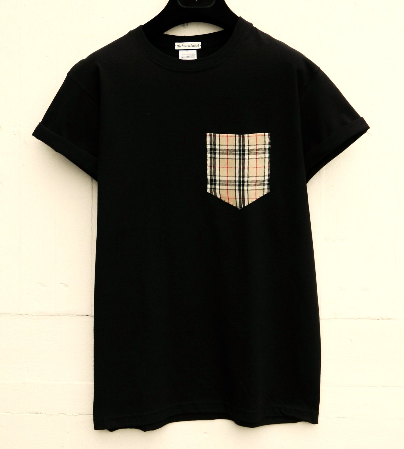 Image of Men's Beige Tartan Pattern, Black Pocket T-Shirt, T - Shirt, Tee, Unisex, Menswear, Uk