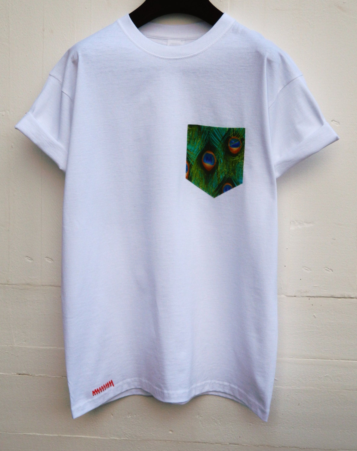 Image of Men's Bright Green Peacock Pattern, White Pocket T-Shirt, T - Shirt, Tee, Unisex, Menswear, Uk