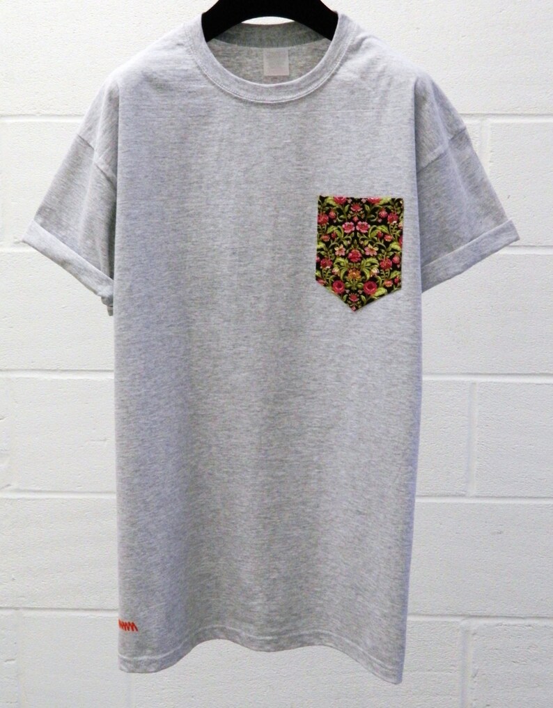 Men's Green and Pink Floral Pattern Grey Pocket T-Shirt | Etsy