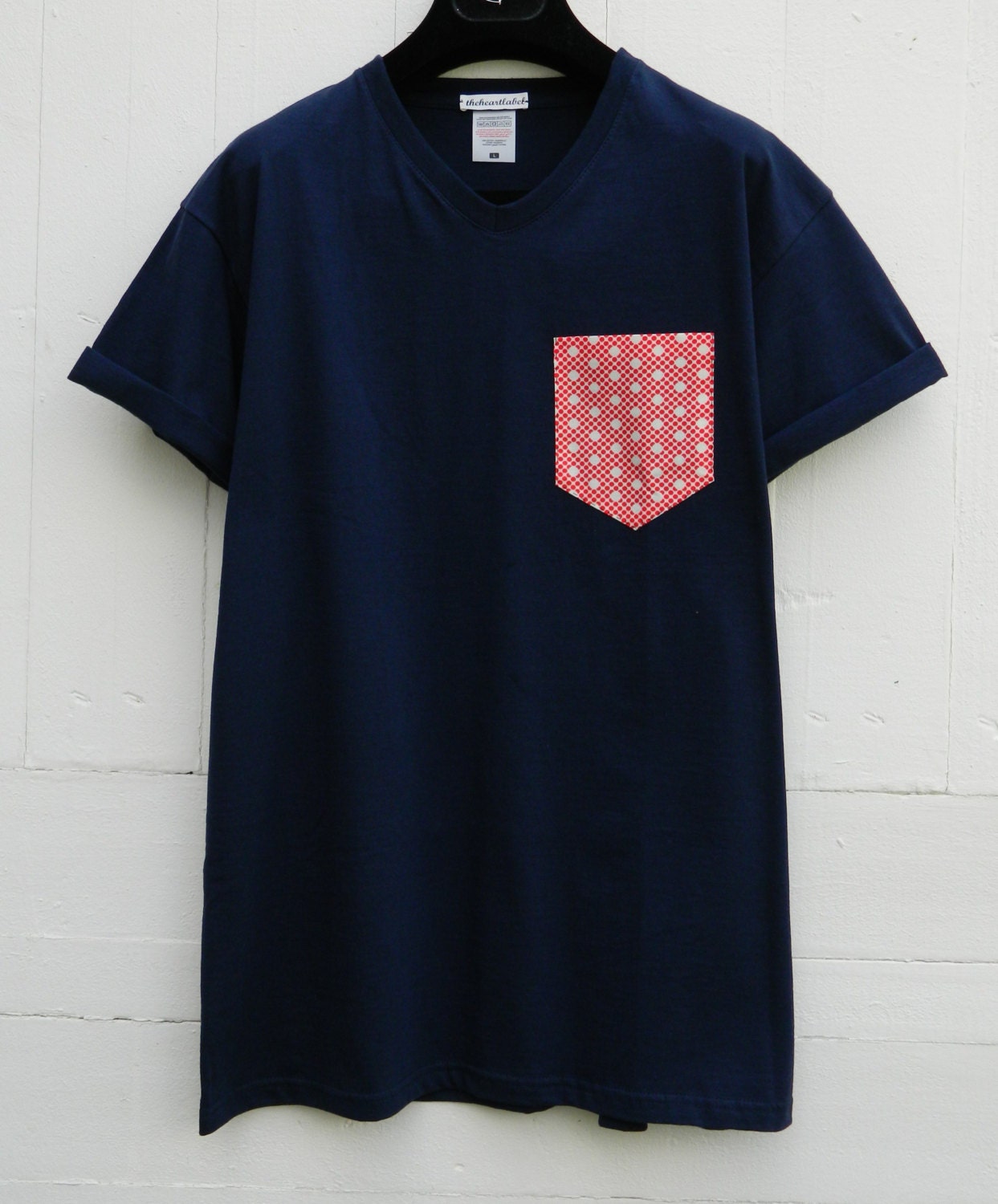 Image of Men's V-Neck, Red & White Dotted Pattern, Dark Navy Pocket T-Shirt, T - Shirt, Tee, Unisex, Menswear, Uk