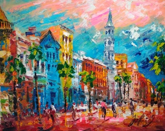 Spring Broad Street, Charleston SC -Pen King -A1809-Home Decor Holiday Artwork Texture Painting Dining Wall Art