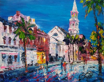 Rainy Broad Street, Charleston SC-Pen King-A1675-Home Decor Holiday Artwork Texture Painting Dining Wall Art