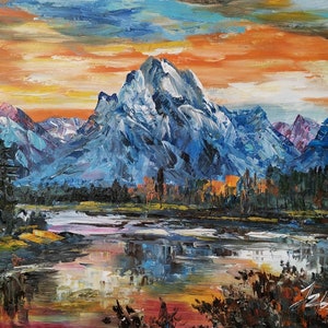 Yellow Grand Teton National Park, Wyoming, Mountains Oxbow Bend -Pen King-A3006-Home Decor Holiday Artwork Texture Painting Dining Wall Art
