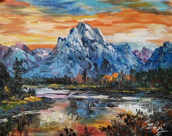 Yellow Grand Teton National Park, Wyoming, Mountains Oxbow Bend -Pen King-A3006-Home Decor Holiday Artwork Texture Painting Dining Wall Art