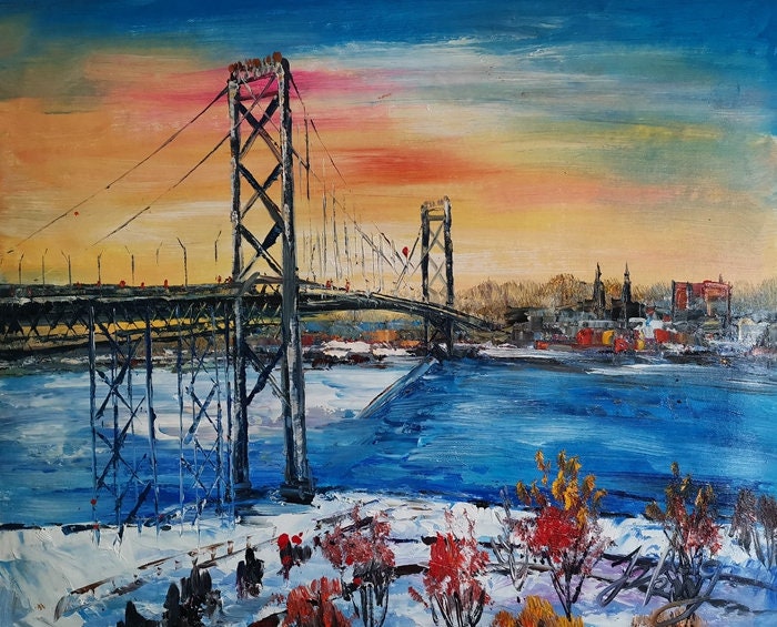 Winter  Sunset Detroit Ambassador Bridge, MI-Pen King-A3125-Home Decor Holiday Artwork Texture Painting Dining Wall Art