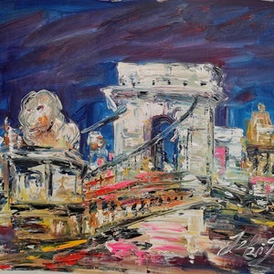 Night Szechenyi Chain bridge in Budapest, Hungary-Pen King-A3858-Home Decor Holiday Artwork Texture Painting Dining Wall Art