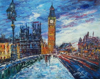 Big Ben in Snow, LONDON UK  -Pen King -A704-Home Decor Holiday Artwork Texture Painting Dining Wall Art