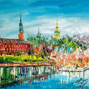 State House & ST Marys Church, Annapolis Maryland-Pen King-A1947-Home Decor Holiday Artwork Texture Painting Dining Wall Art