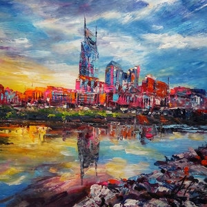 Skyline Nashville From River, TN-PEN KING-A1542-Home Decor Holiday Artwork Texture Painting Dining Wall Art