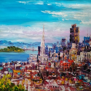 Skyline & Bridge San Francisco-Pen King-A1779-Home Decor Holiday Artwork Texture Painting Dining Wall Art
