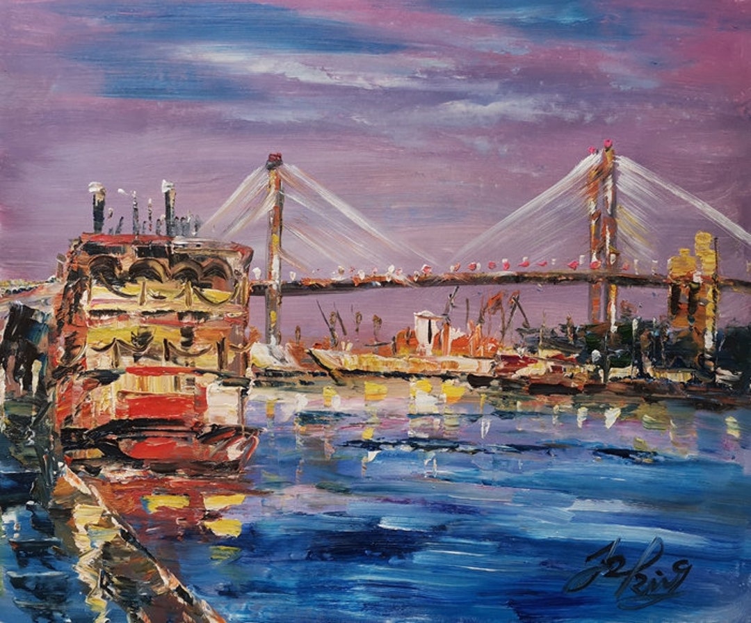 Scenic Pastures リトグラフ 絵画 Big Boat, Savannah River and Bridge, Ga-pen King-a3218-home Decor