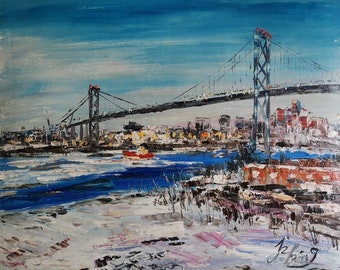 Winter Detroit Ambassador Bridge, MI-Pen King-A3127-Home Decor Holiday Artwork Texture Painting Dining Wall Art