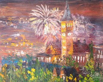 McGraw Tower Christmas,  Located in Cornell University -Pen King -A1325-Home Decor Holiday Artwork Texture Painting Dining Wall Art