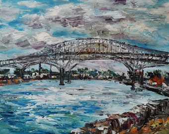 Blue Water Bridge to Port Huron MI, Sarnia Ontario Canada-Pen King-A3113-Home Decor Holiday Artwork Texture Painting Dining Wall Art