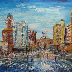 Downtown Lansing, MI-Pen King -A429-Home Decor Holiday Artwork Texture Painting Dining Wall Art