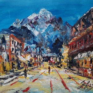 Winter Banff Alberta Canada , Downtown National Park-Pen King-A3250-Home Decor Holiday Artwork Texture Painting Dining Wall Art