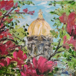 Golden Dome in Flowers, Located in University of Notre Dame-Pen King-A3780-Home Decor Holiday Artwork Texture Painting Dining Wall Art