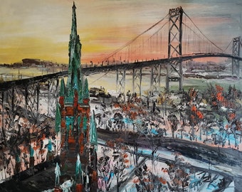 Detroit Ambassador Bridge, MI, From Assumption Church Windsor-Pen King-A3149-Home Decor Holiday Artwork Texture Painting Dining Wall Art