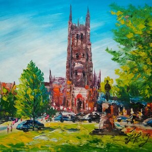 Sunset Chapel, Located in  Duke University-Pen King -A1701-Home Decor Holiday Artwork Texture Painting Dining Wall Art