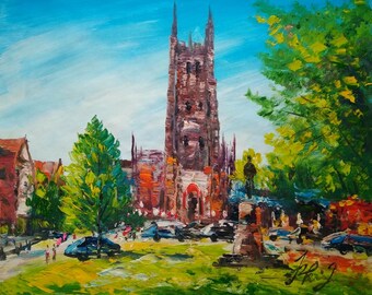 Sunset Chapel, Located in  Duke University-Pen King -A1701-Home Decor Holiday Artwork Texture Painting Dining Wall Art