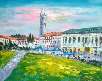 Tower in Campus, View from University of California , Berkeley-Pen King-A2041-Home Decor Holiday Artwork Texture Painting Dining Wall Art