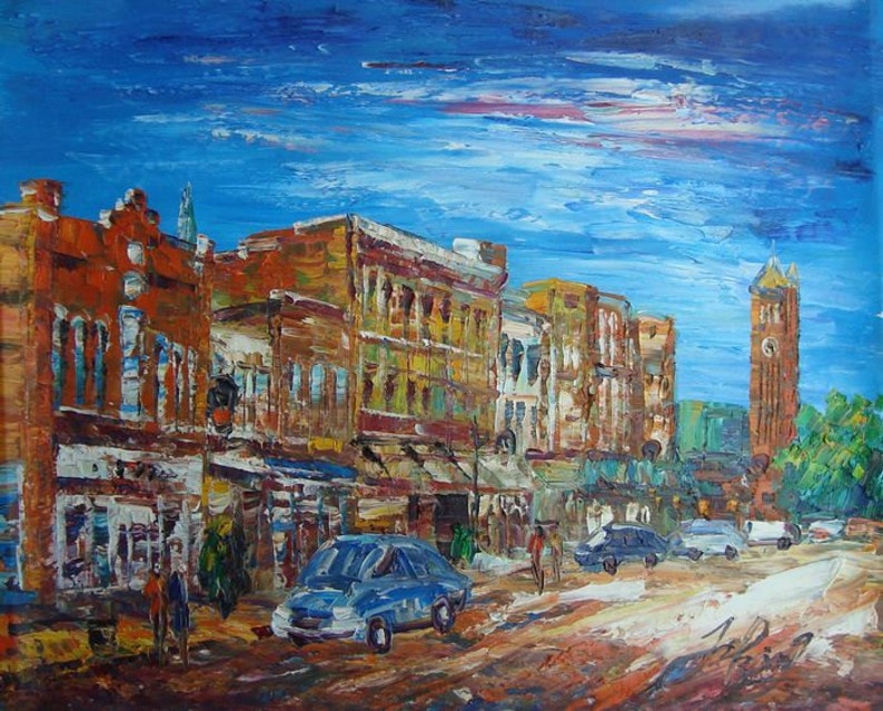 Looking up Broad Street, Selma, Alabama-Pen King A527-Home Decor Holiday Artwork Texture Painting Dining Wall Art image 1