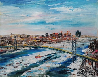 Iced Detroit Ambassador Bridge, MI-Pen King-A3151-Home Decor Holiday Artwork Texture Painting Dining Wall Art