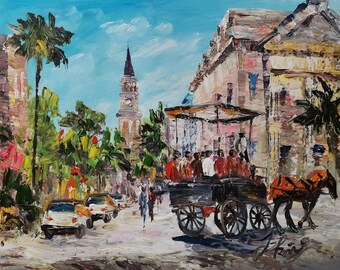 Horse Carriage Church Street, Charleston SC-Pen King-A2305-Home Decor Holiday Artwork Texture Painting Dining Wall Art